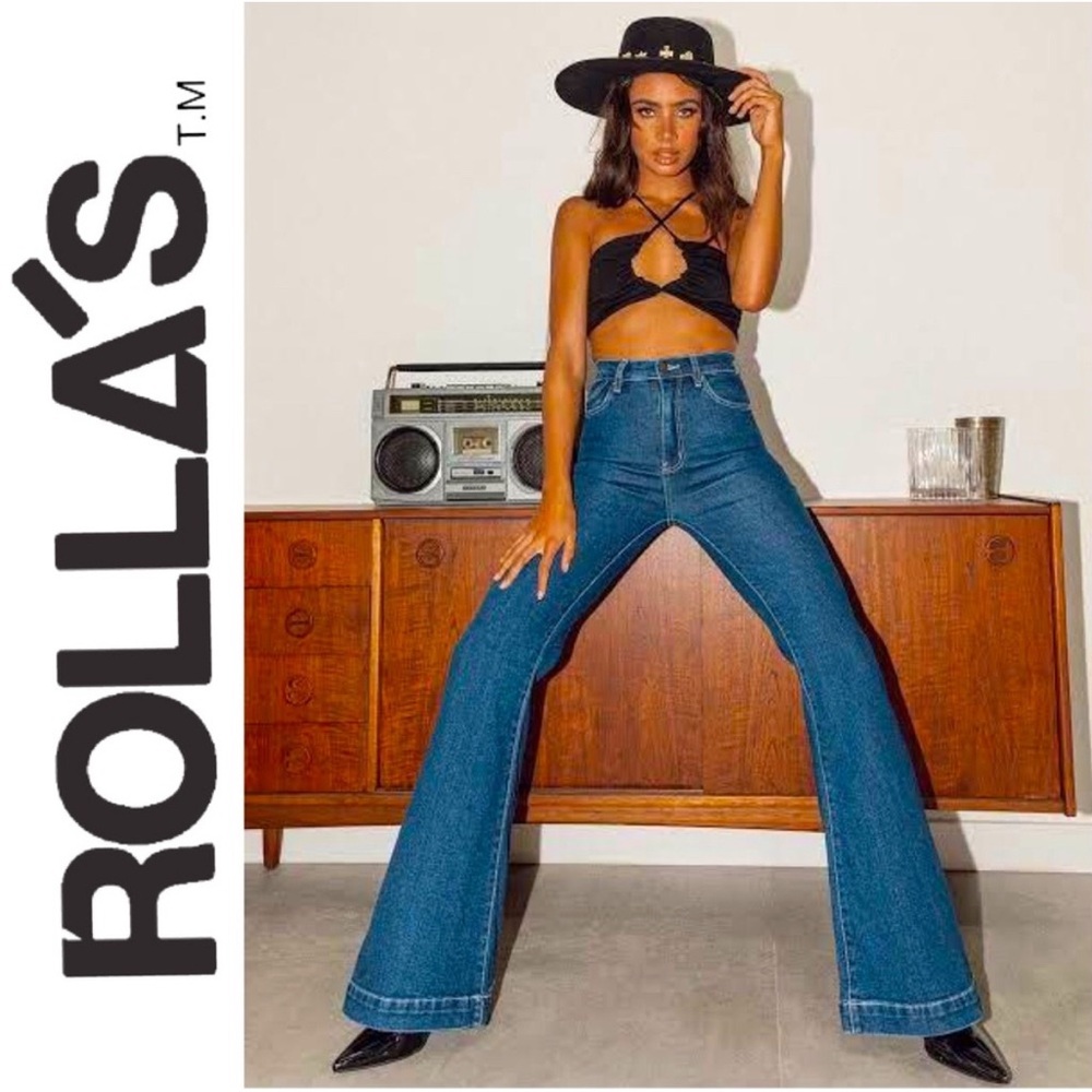 Rolla’s Eastcoast Flare high-rise, flare leg jean, rigid denim, eco debbie blue